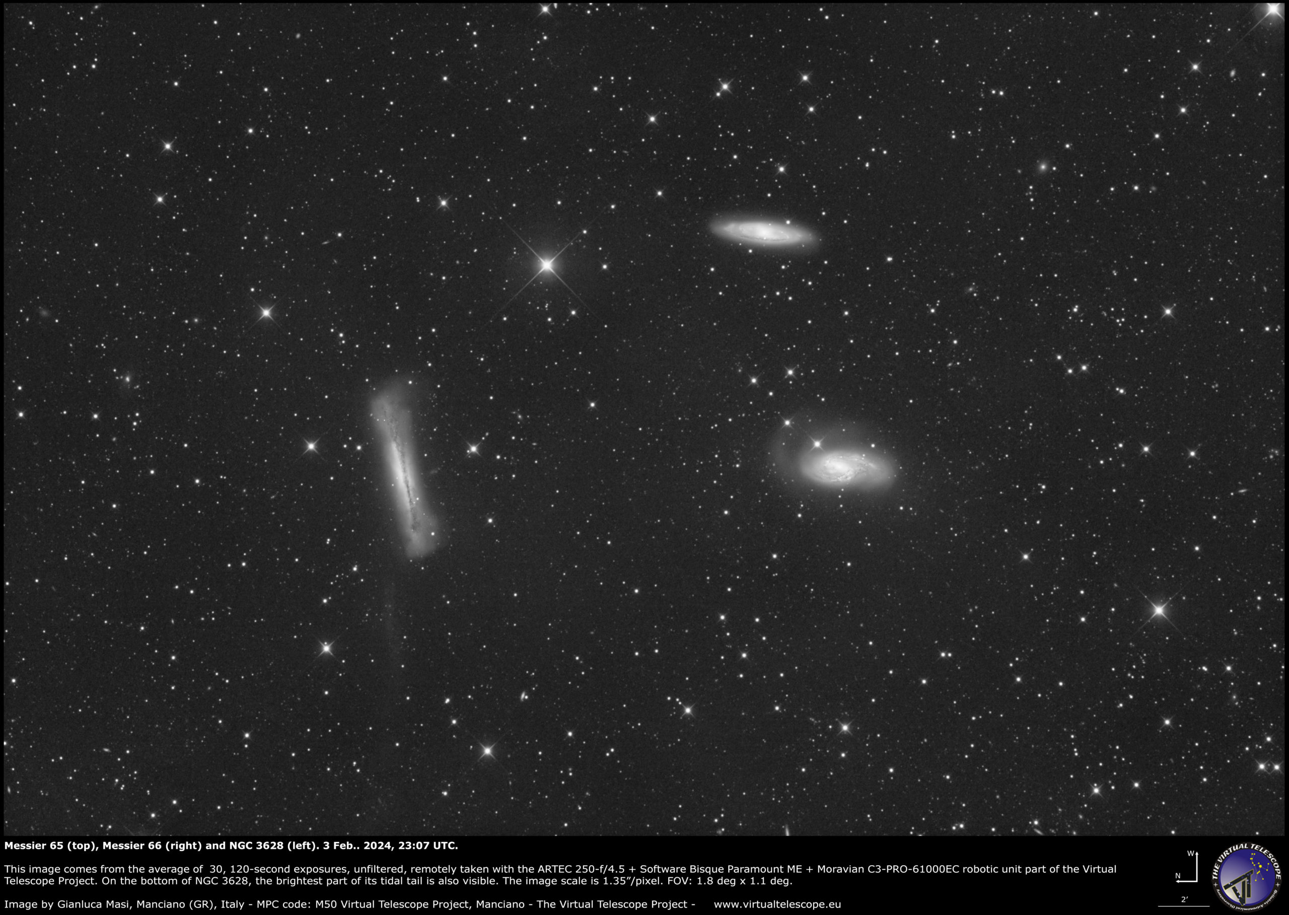 The Leo Triplet: M 65, M66 and NGC 3628. 3 Feb. 2024.