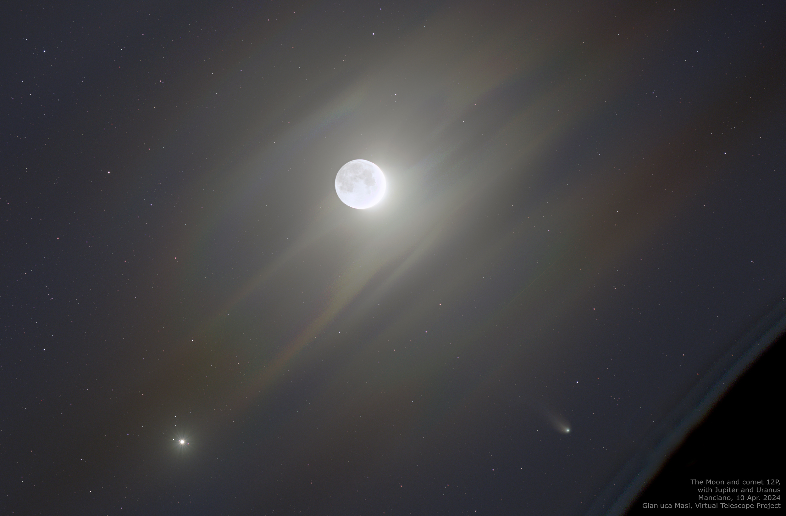 Comet 12P/Pons-Brooks, the Moon, Jupiter and Uranus - 10 Apr. 2024.