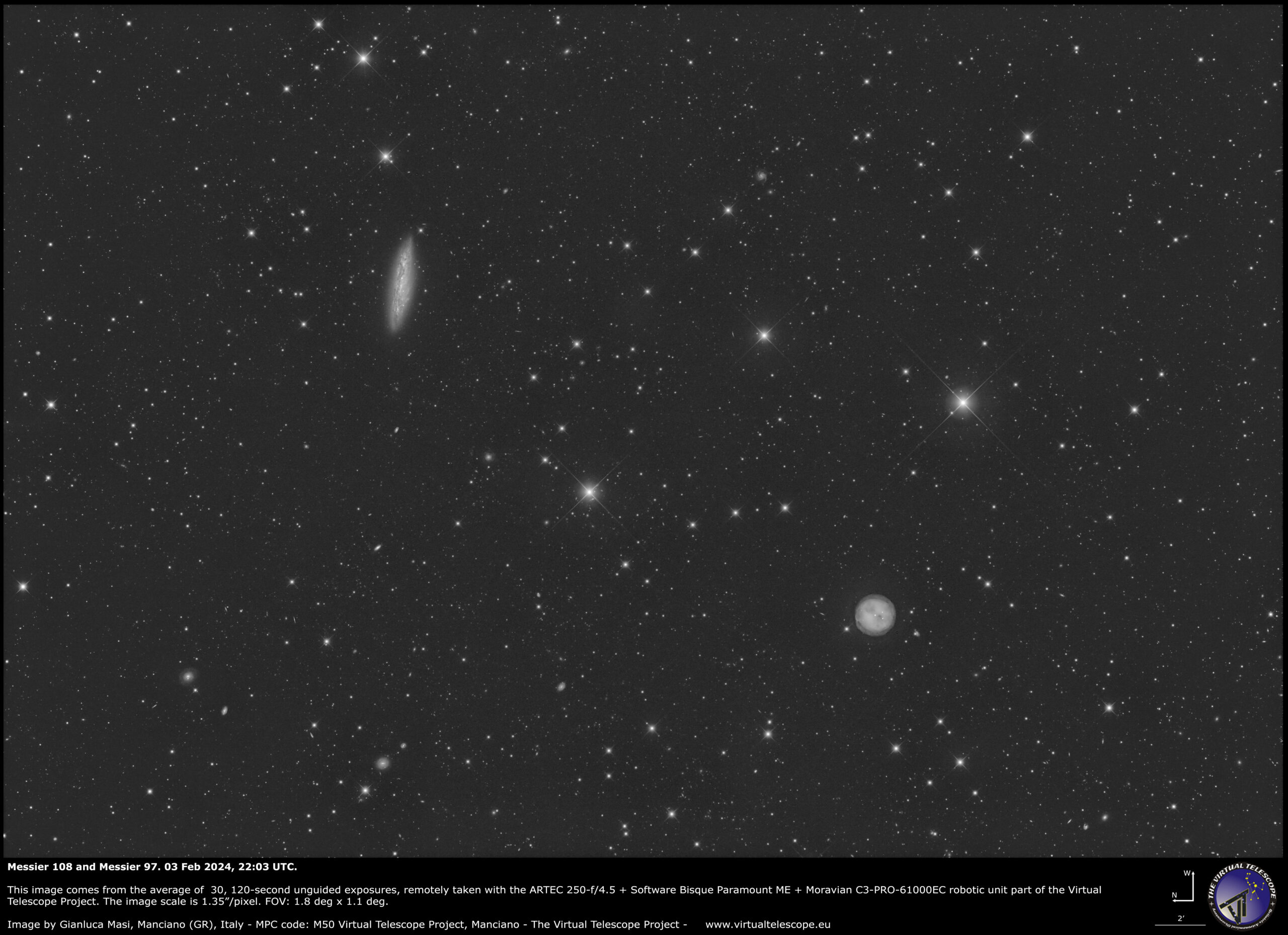 Messier 97 (the “Owl” Nebula) and Messier 108. 3 Feb. 2024.