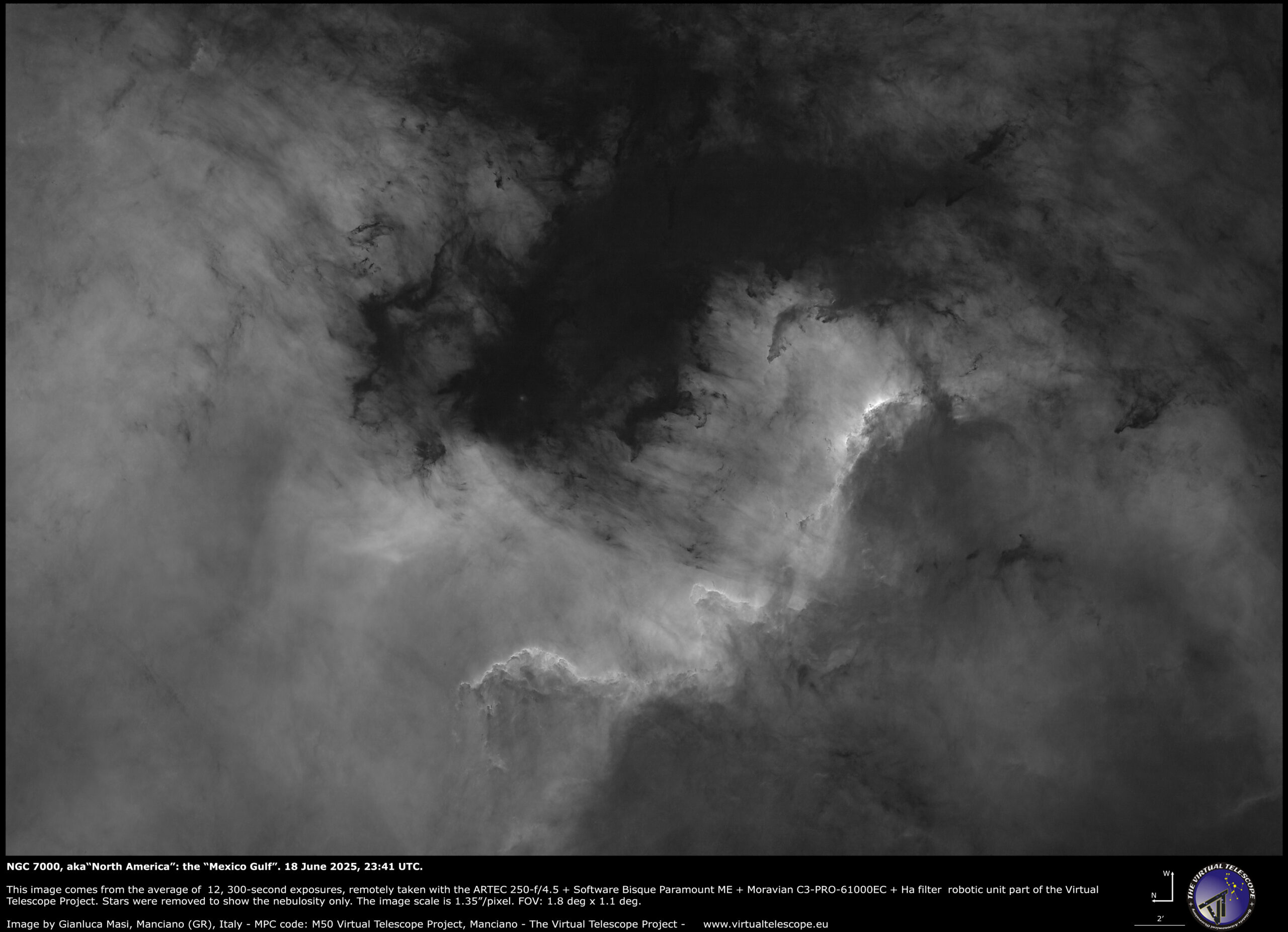 NGC 7000, the “North America” emission nebula in H-alpha.