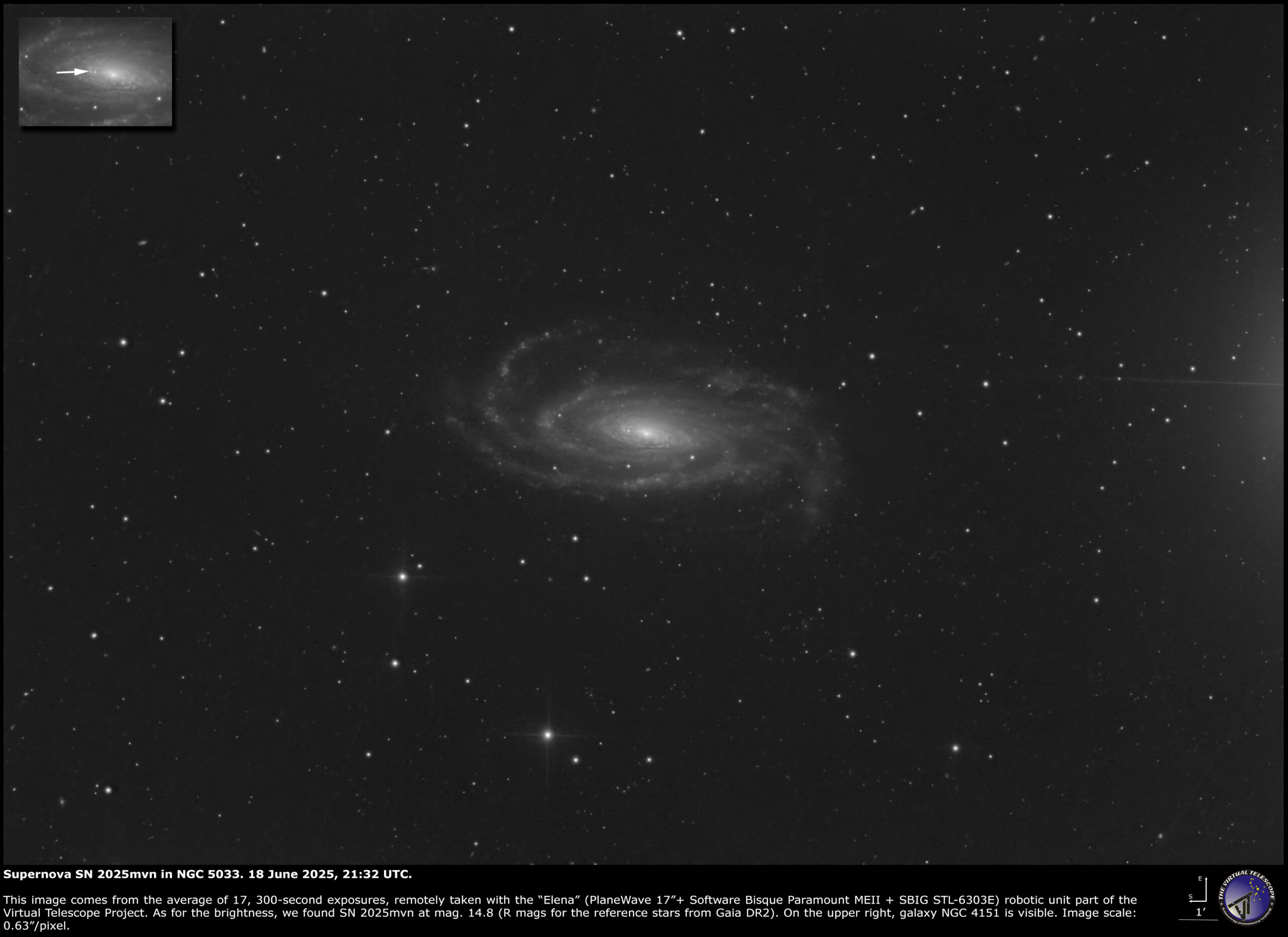SN 2025mvn in the spiral galaxy NGC 5033. 18 June 2025.