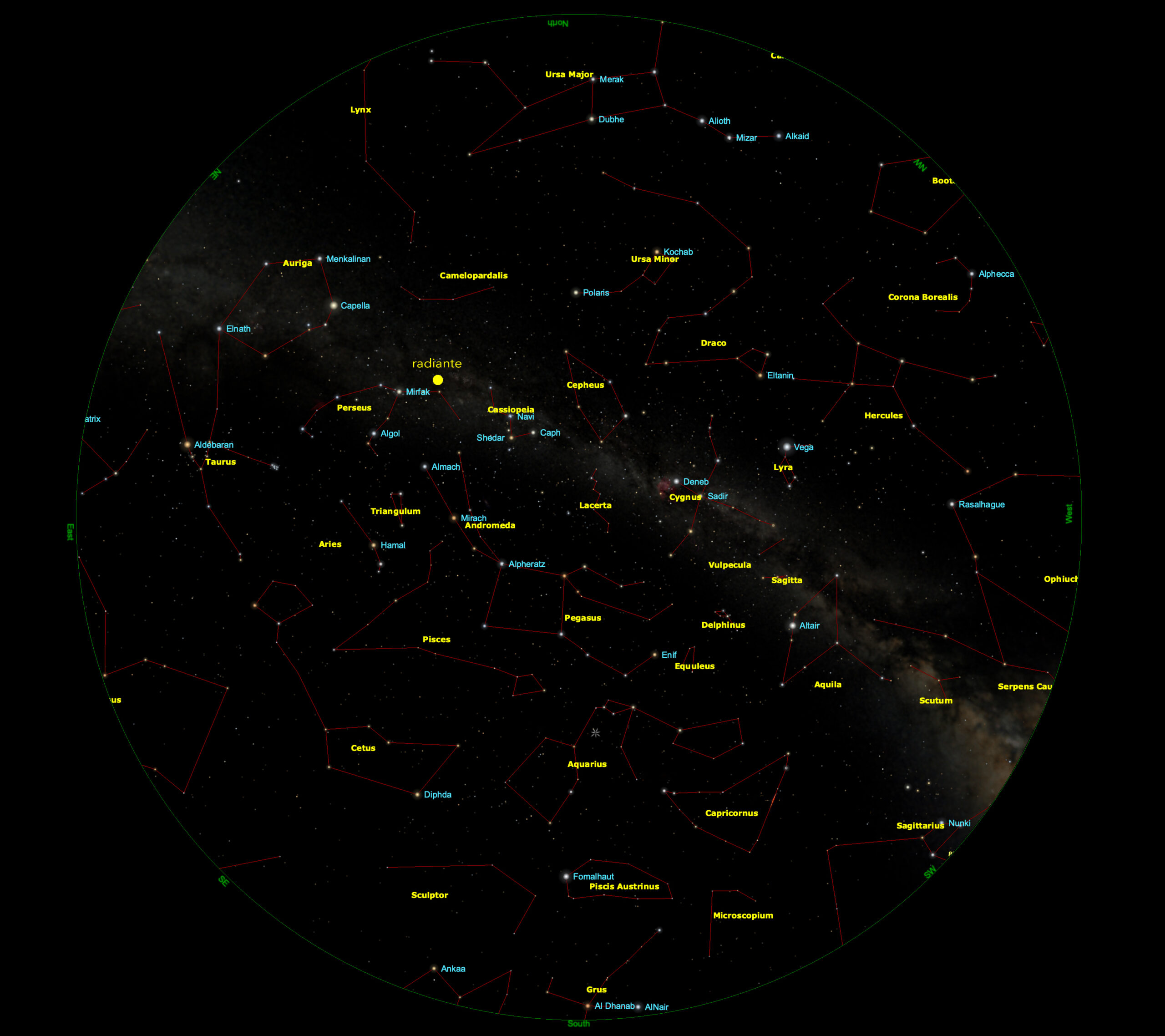 Cielo visibile il 13 agosto, alle ore 2.30 estive (con marcata la posizione del radiante)
