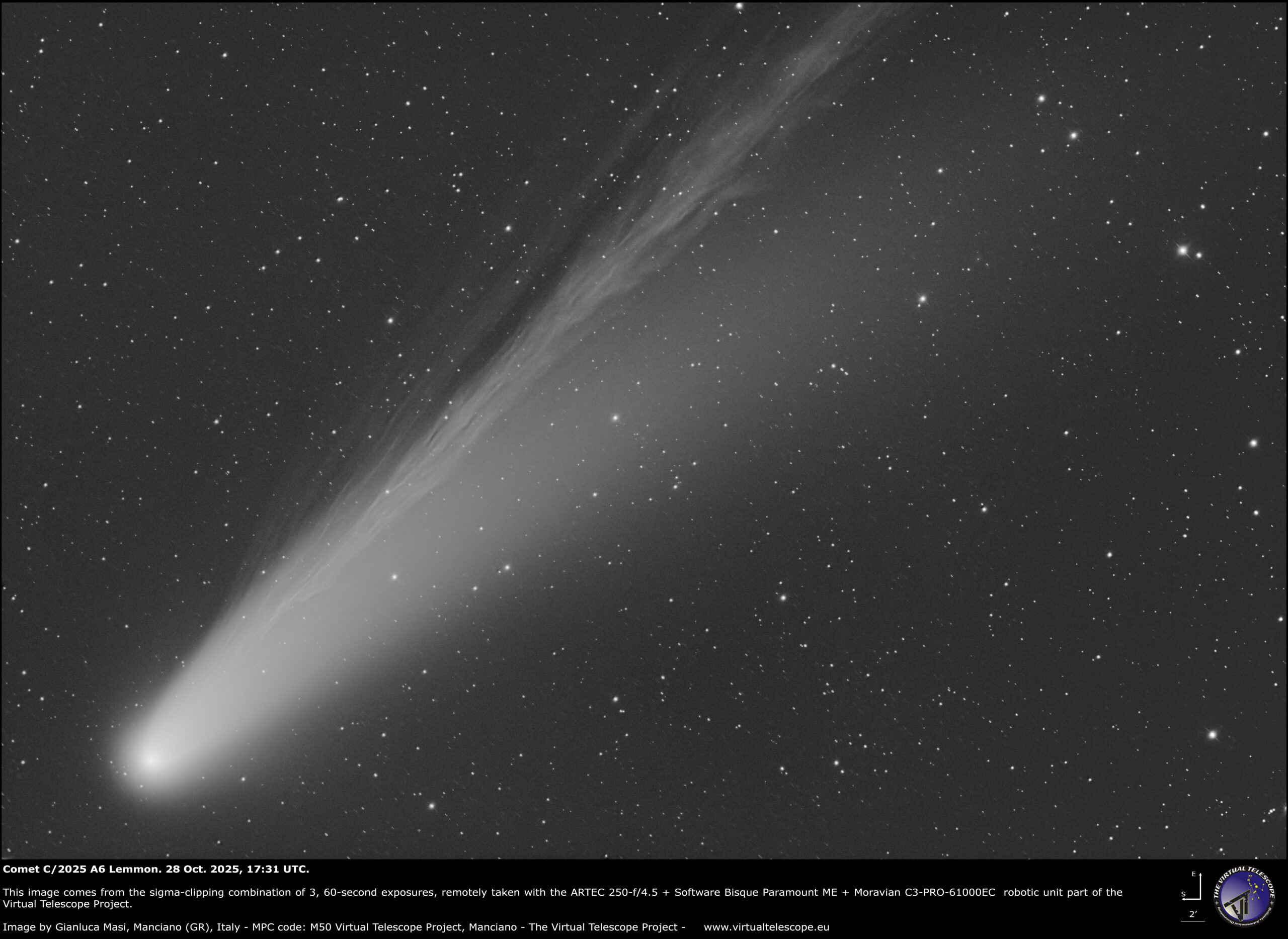 Comet C/2025 A6 Lemmon: detail of the ion tail. 28 Oct. 2025.