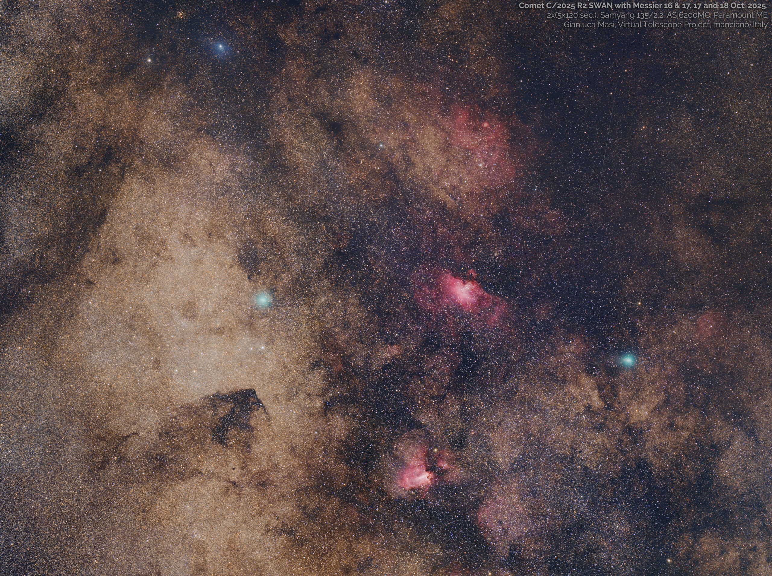 Comet C/2025 R2 SWAN with Messier 16 and Messier: 17 and 18 Oct. 2025.