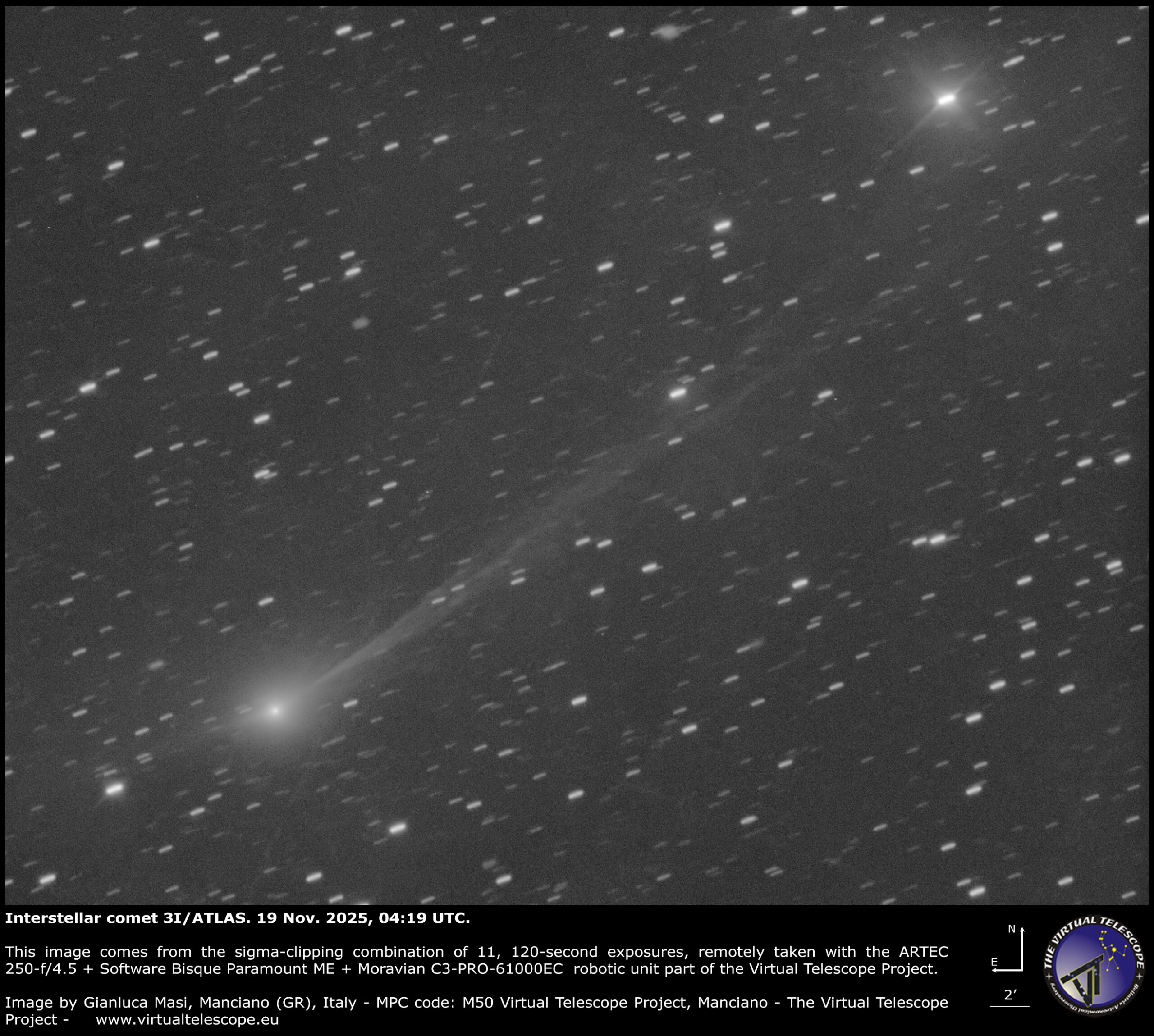 The interstellar comet 3I/ATLAS, imaged on 19 Nov. 2025.
