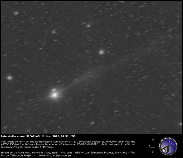 Interstellar comet 3I/ATLAS with a long ion tail, captured by Virtual Telescope Project