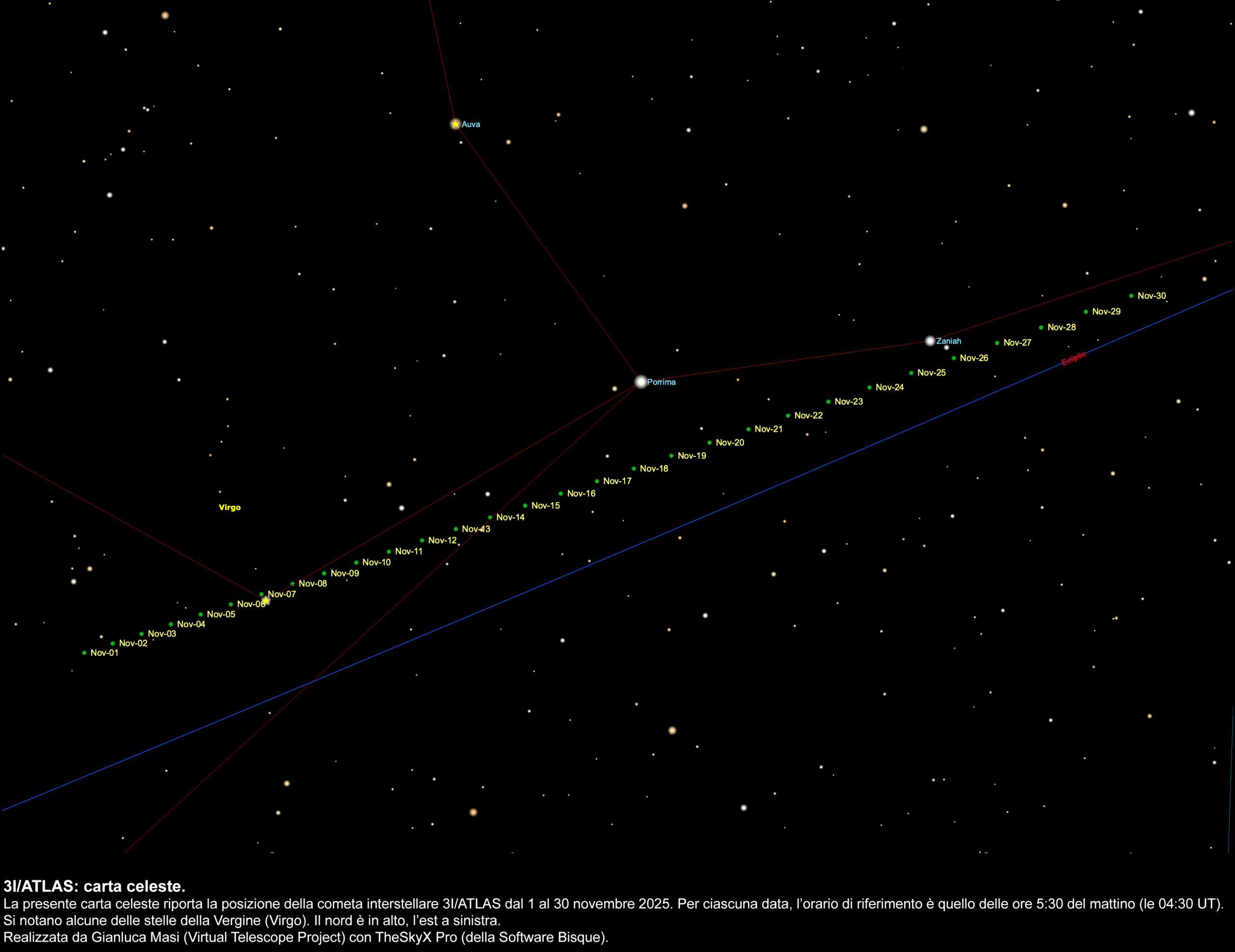 Carta celeste con la posizione della cometa 3I/ATLAS.