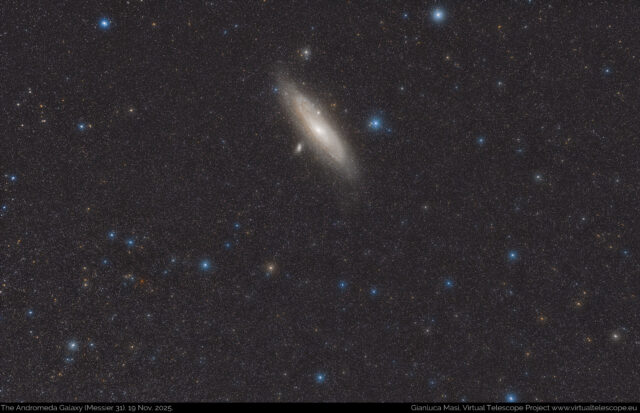 The Andromeda Galaxy (M 31, NGC 224), its M 32 and M 110 satellites and the stars around it.