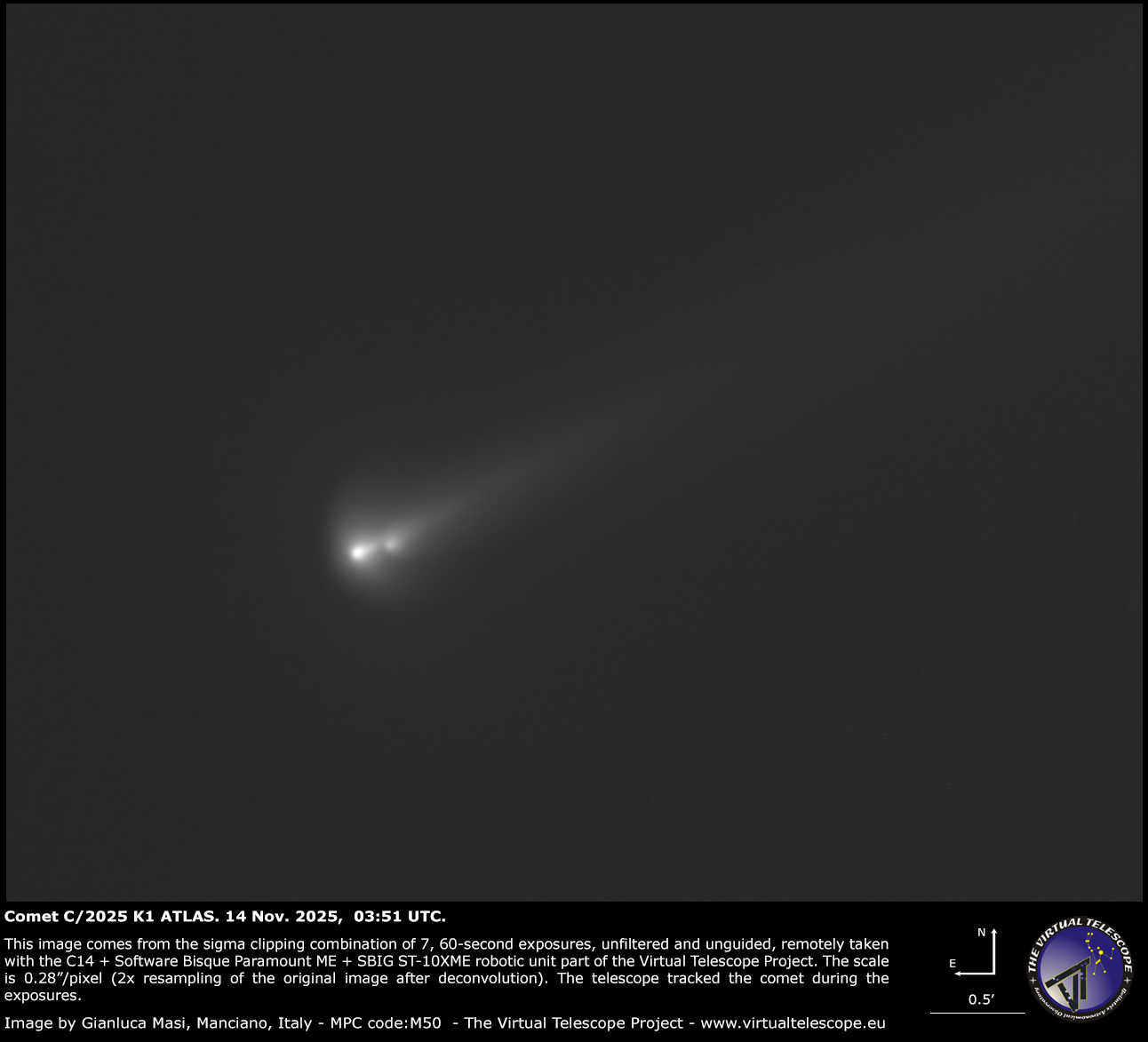 Comet C/2025 K1 ATLAS: a complex structure is visible. 14 Nov. 2025.