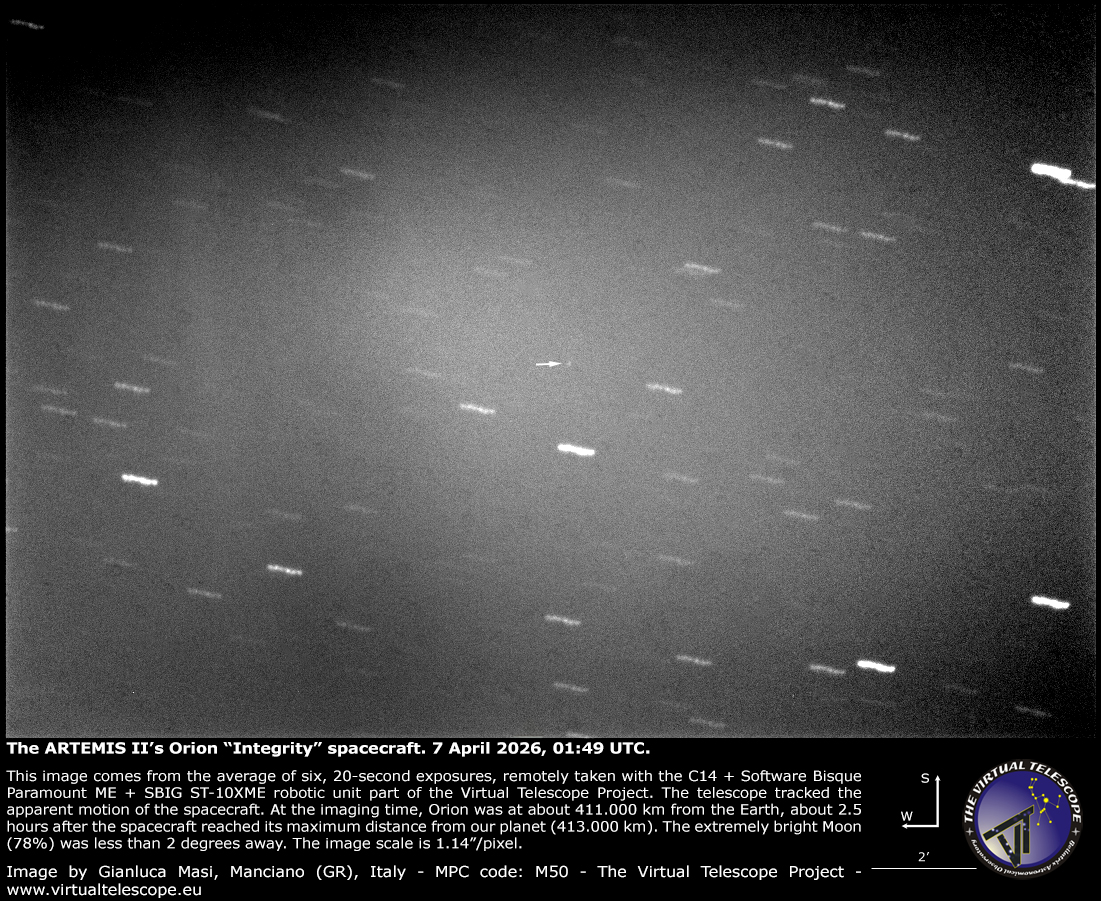 The ARTEMISS II's Orion "Integrity" spacecraft at its maximum distance from the Earth. 7 April 2026.