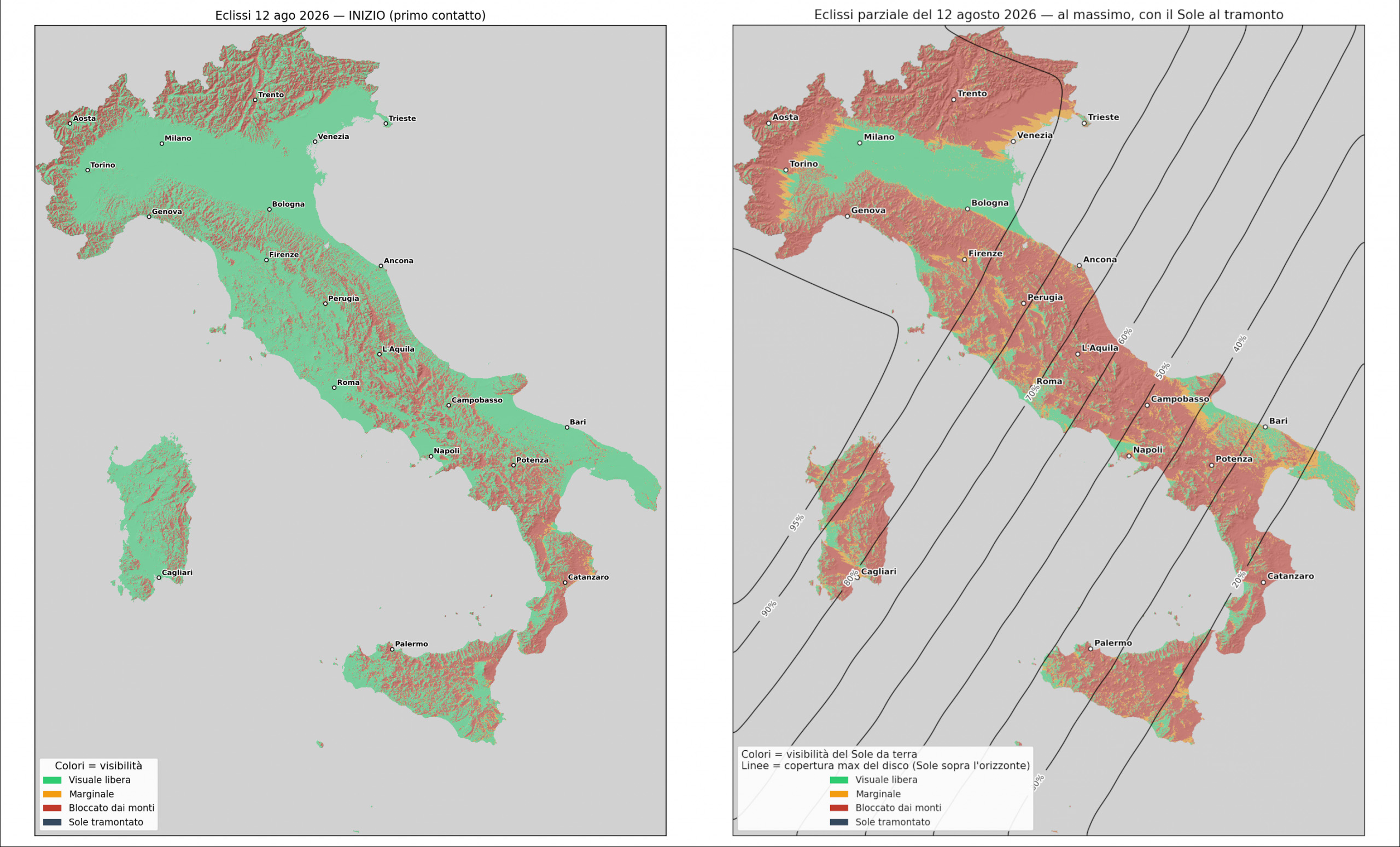 Fig. 2: 12 agosto 2026, l'eclissi di Sole dall’Italia, tenendo in considerazione la presenza di rilievi montuosi. A sinistra: visibilità del Sole al momento in cui è previsto l’inizio del fenomeno; a destra la visibilità al momento del picco dell’eclissi, con le percentuali di copertura del disco solare. In entrambi i casi, si tiene conto degli specifici orari locali. Credits: INAF/M. Sandri; Modello di elevazione digitale TinItaly 1.1, a cura di Tarquini S., I. Isola, M. Favalli, A. Battistini, G. Dotta (INGV, 2023).